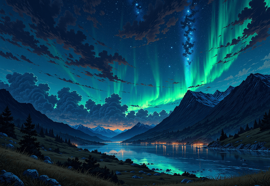 Northern lights over a mountain lake